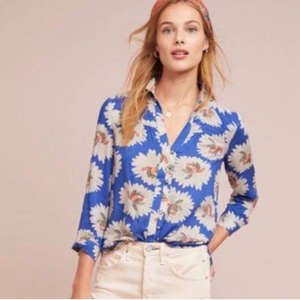 Anthropologie Conversations Blue Floral Pintuck Blouse